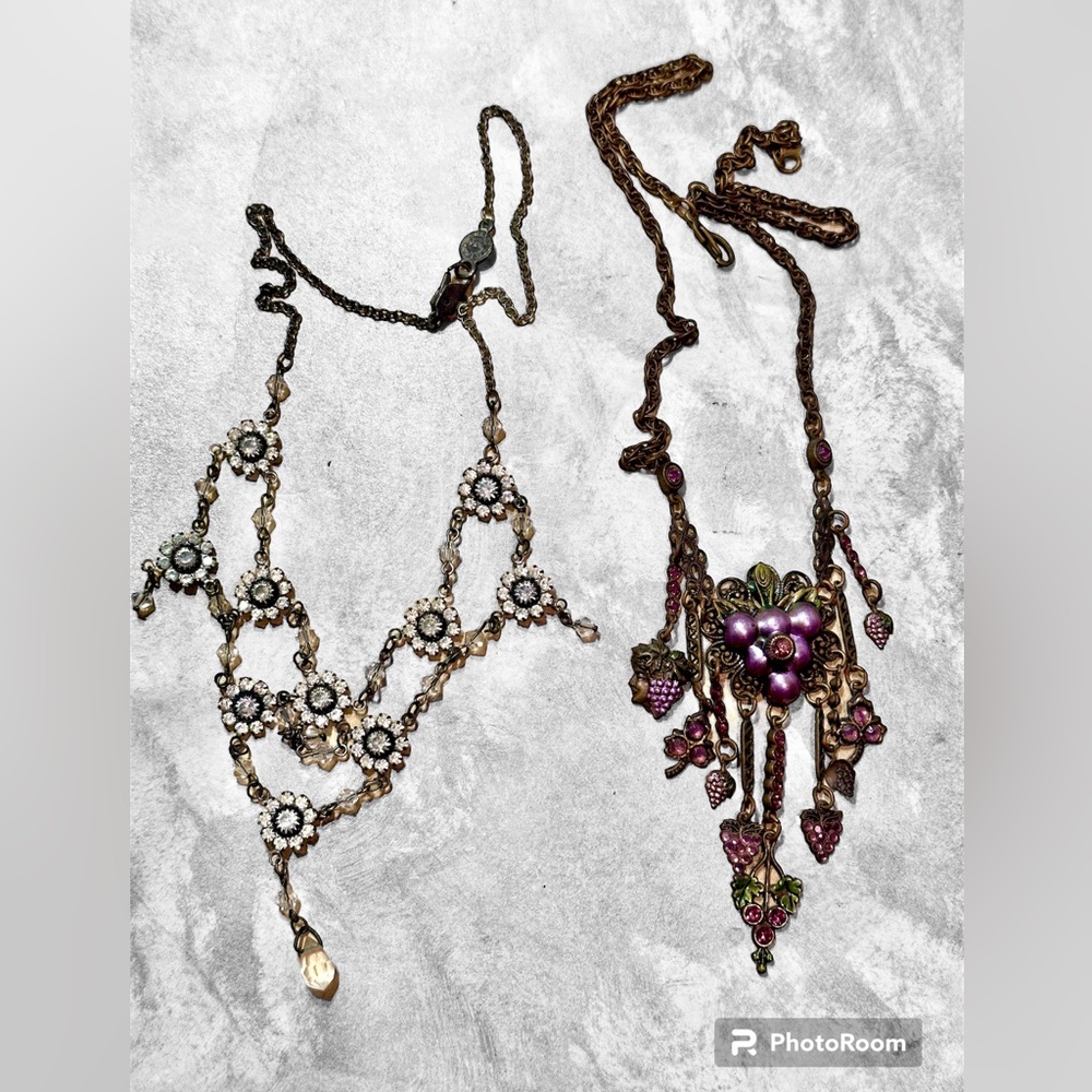 Bundle 2 necklaces detailed dainty grapes crystals floral silver brass
